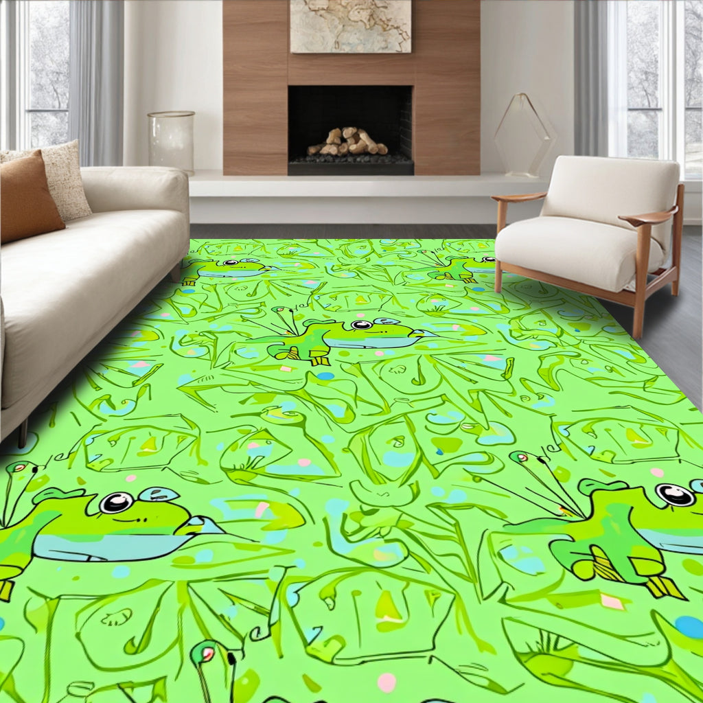 Whimsical Green Frog Pond Medley Rug
