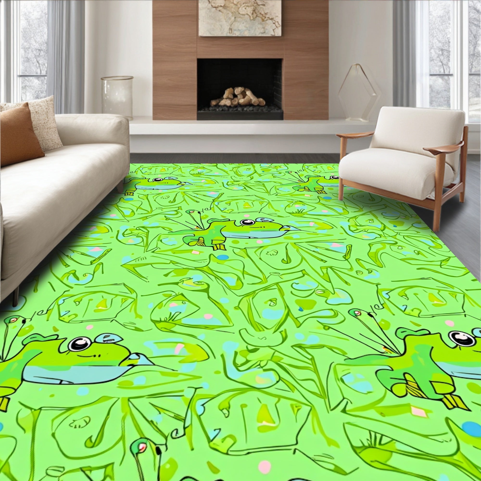 Whimsical Green Frog Pond Medley Rug
