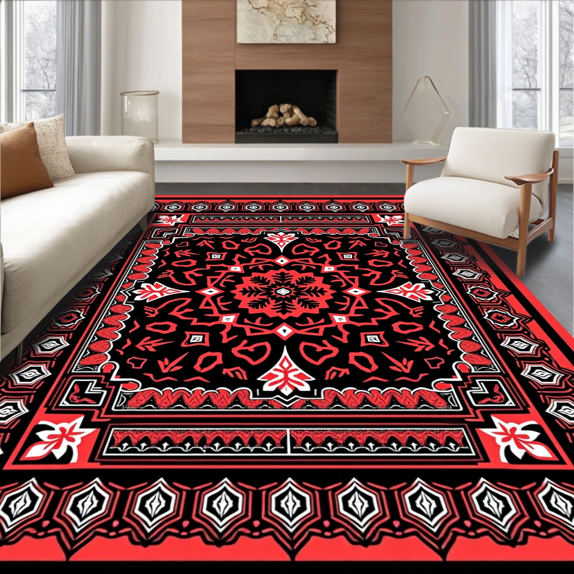 Bold Red Black Central Medallion Rug