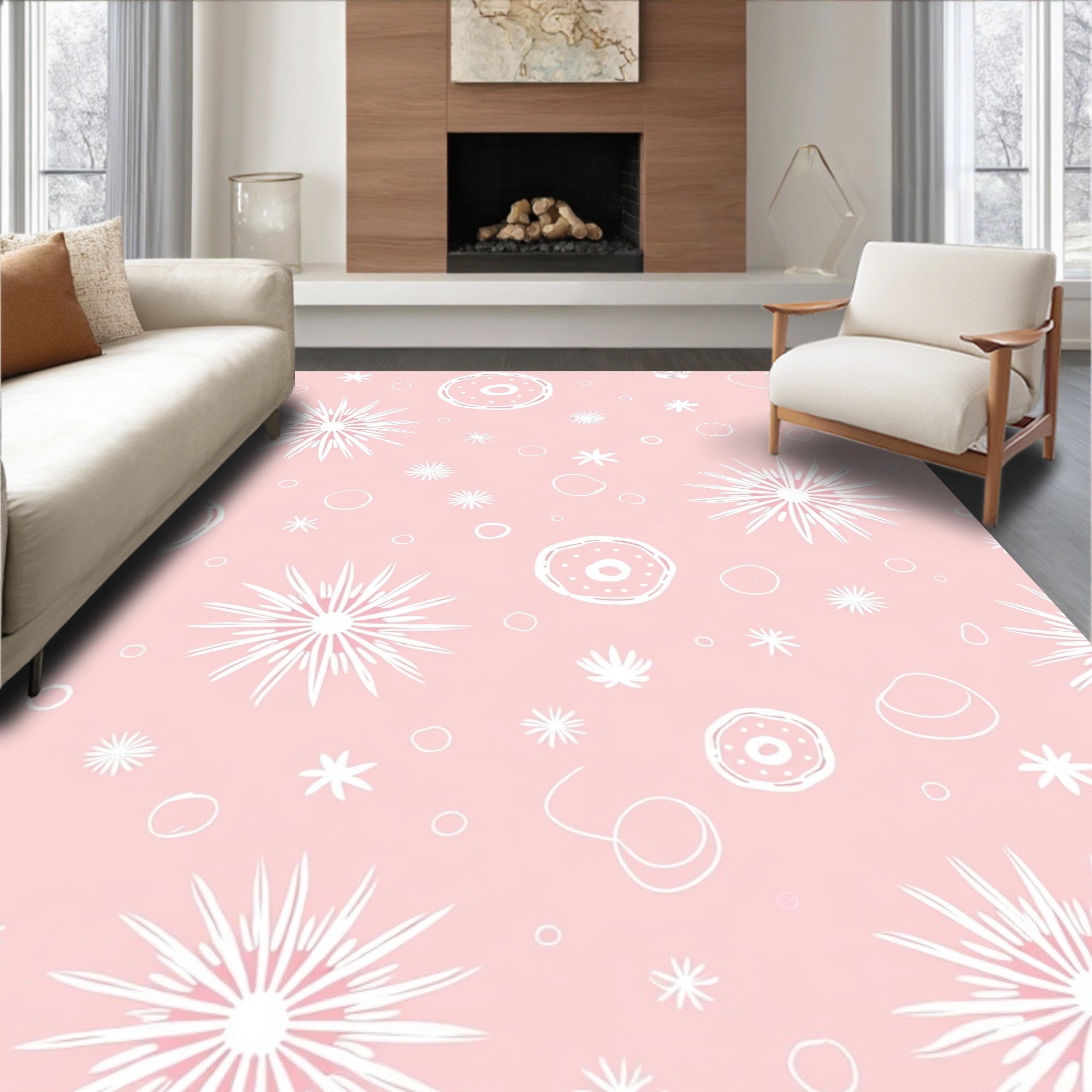 Pink White Floral Scatter Rug
