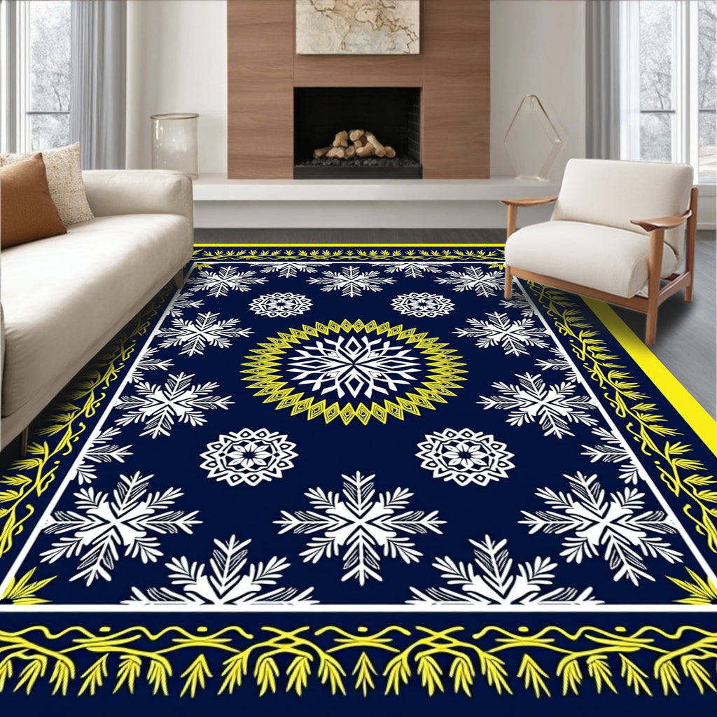Navy Blue White Yellow Snowflake Medallion Rug