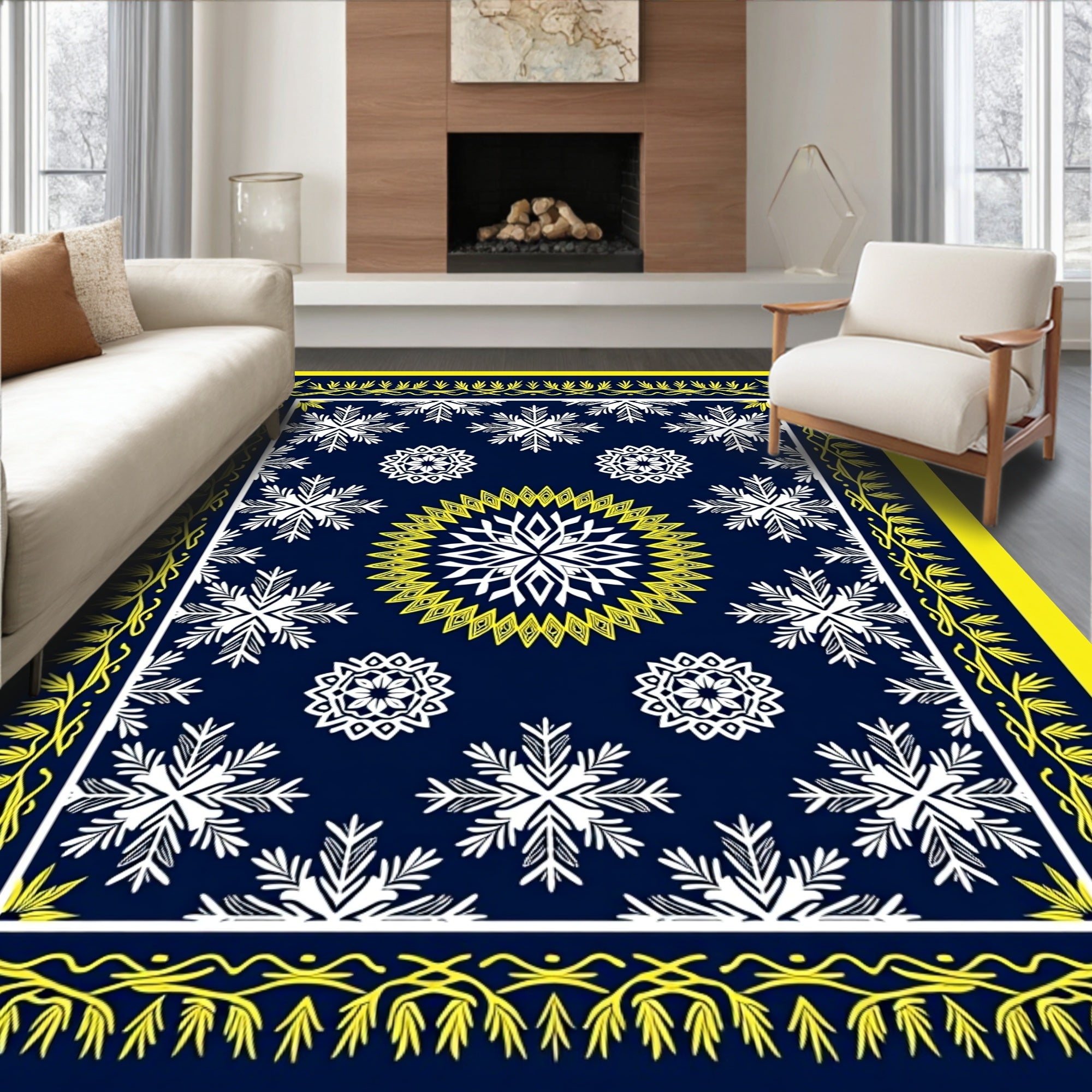 Navy Blue White Yellow Snowflake Medallion Rug
