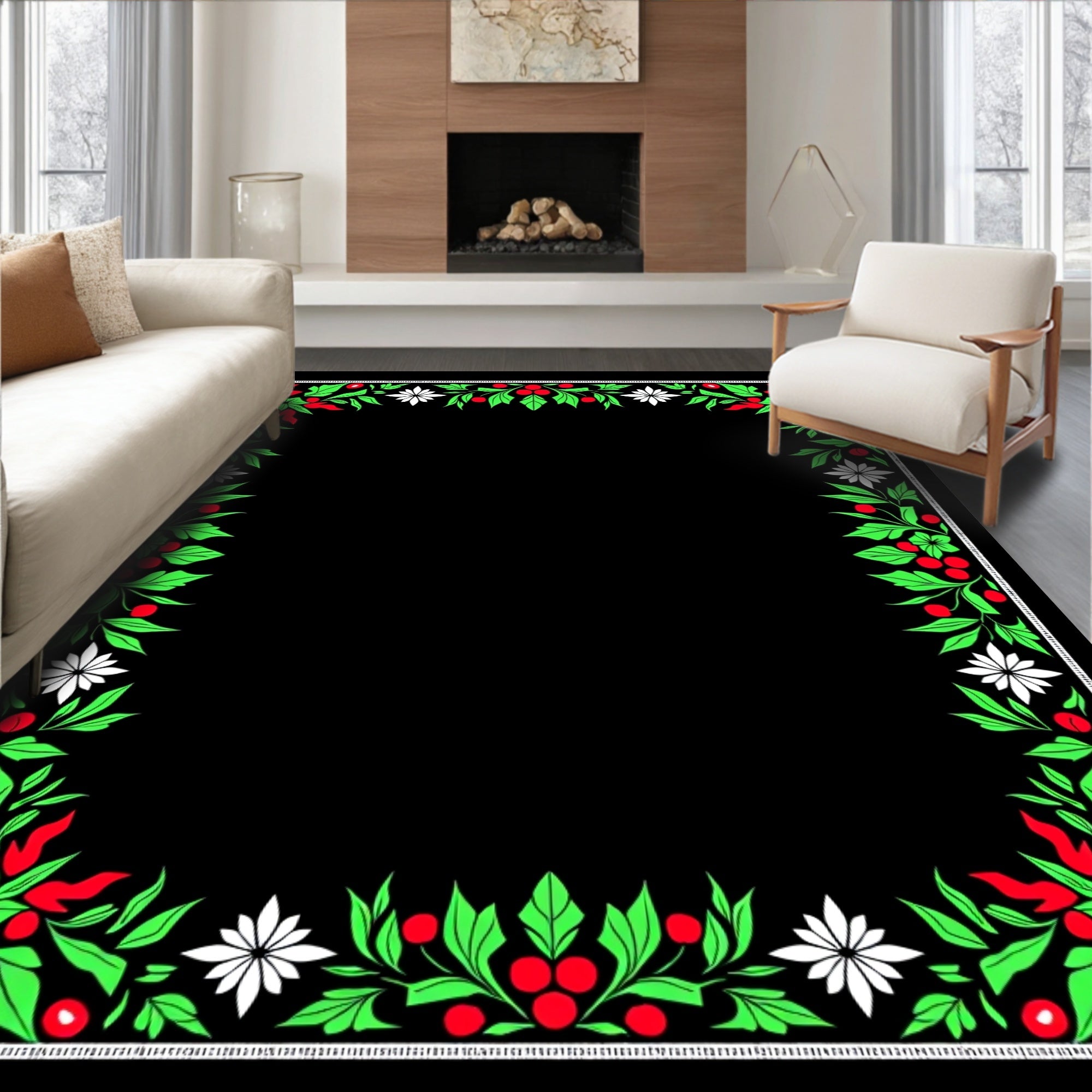 Holly Berry Floral Border Rug