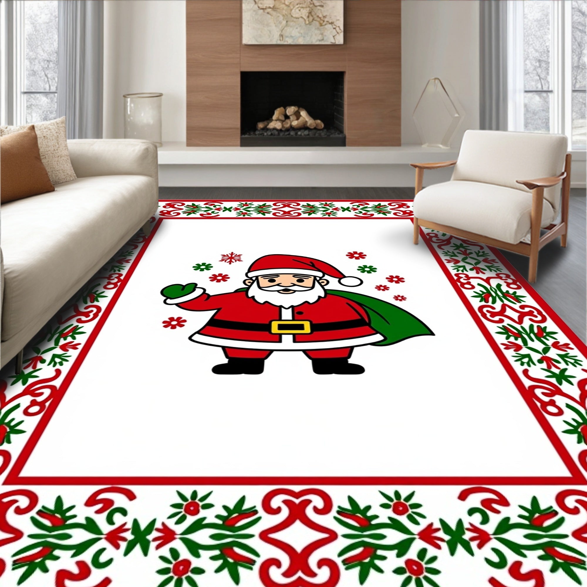 Festive Red Green Santa Snowflakes Border Rug