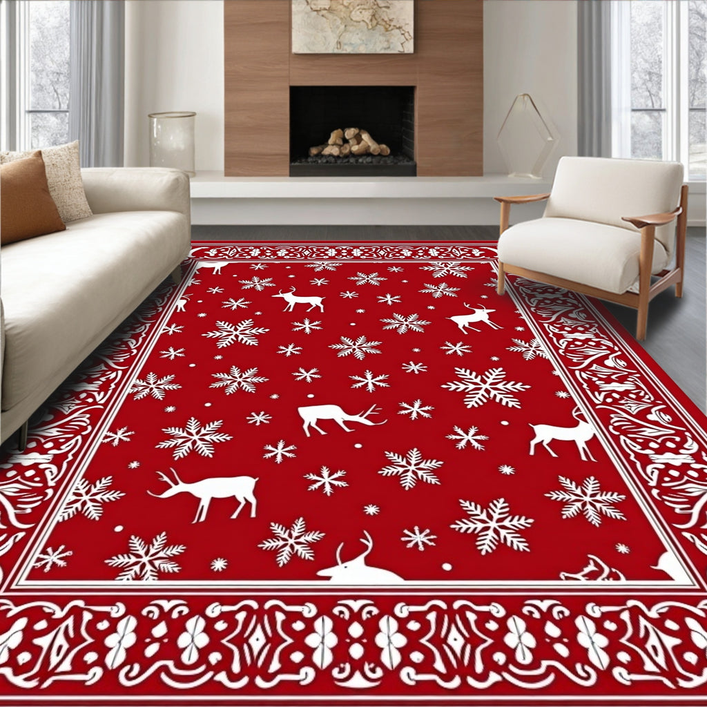 Red White Deer Snowflake Holiday Border Rug