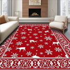 Red White Deer Snowflake Holiday Border Rug