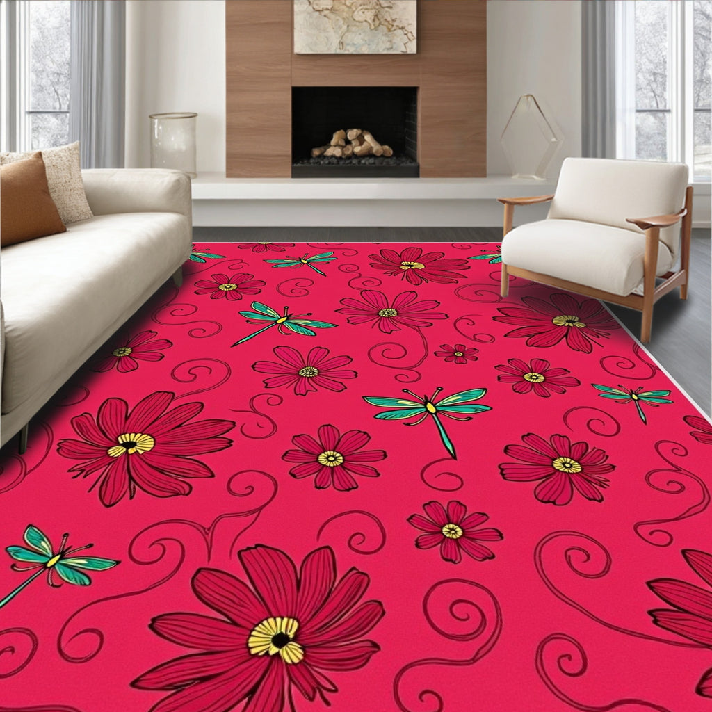 Crimson Floral Dragonfly Swirl Rug