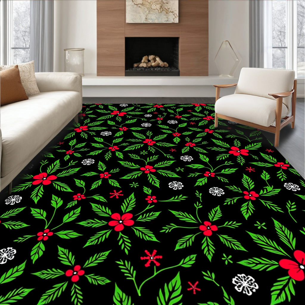 Festive Red Holly Berry Floral Rug