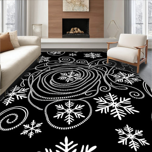 Black White Snowflake Swirl Accents Rug