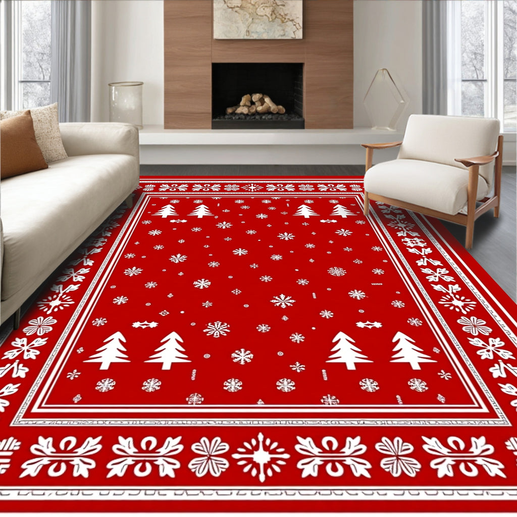 Festive Red Snowflake Christmas Trees Rug