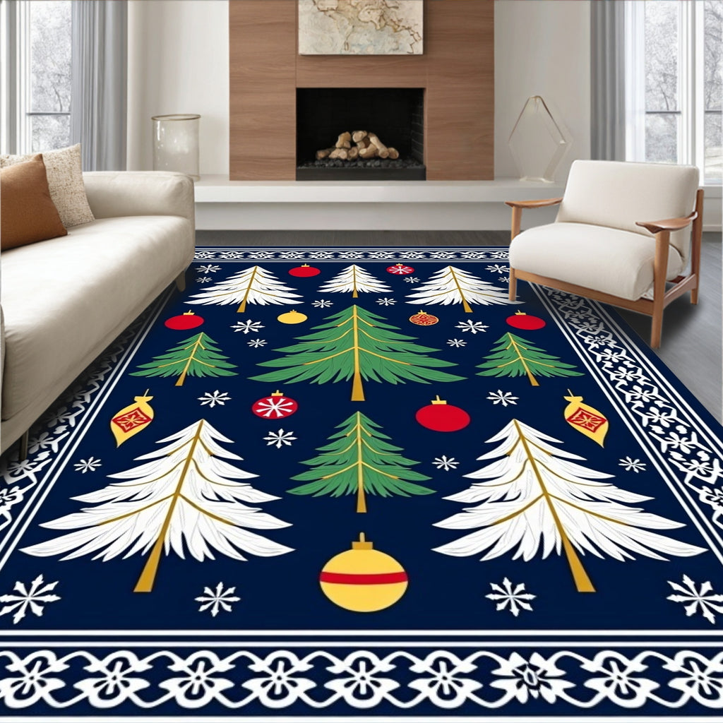Festive Blue Christmas Tree Ornaments Rug