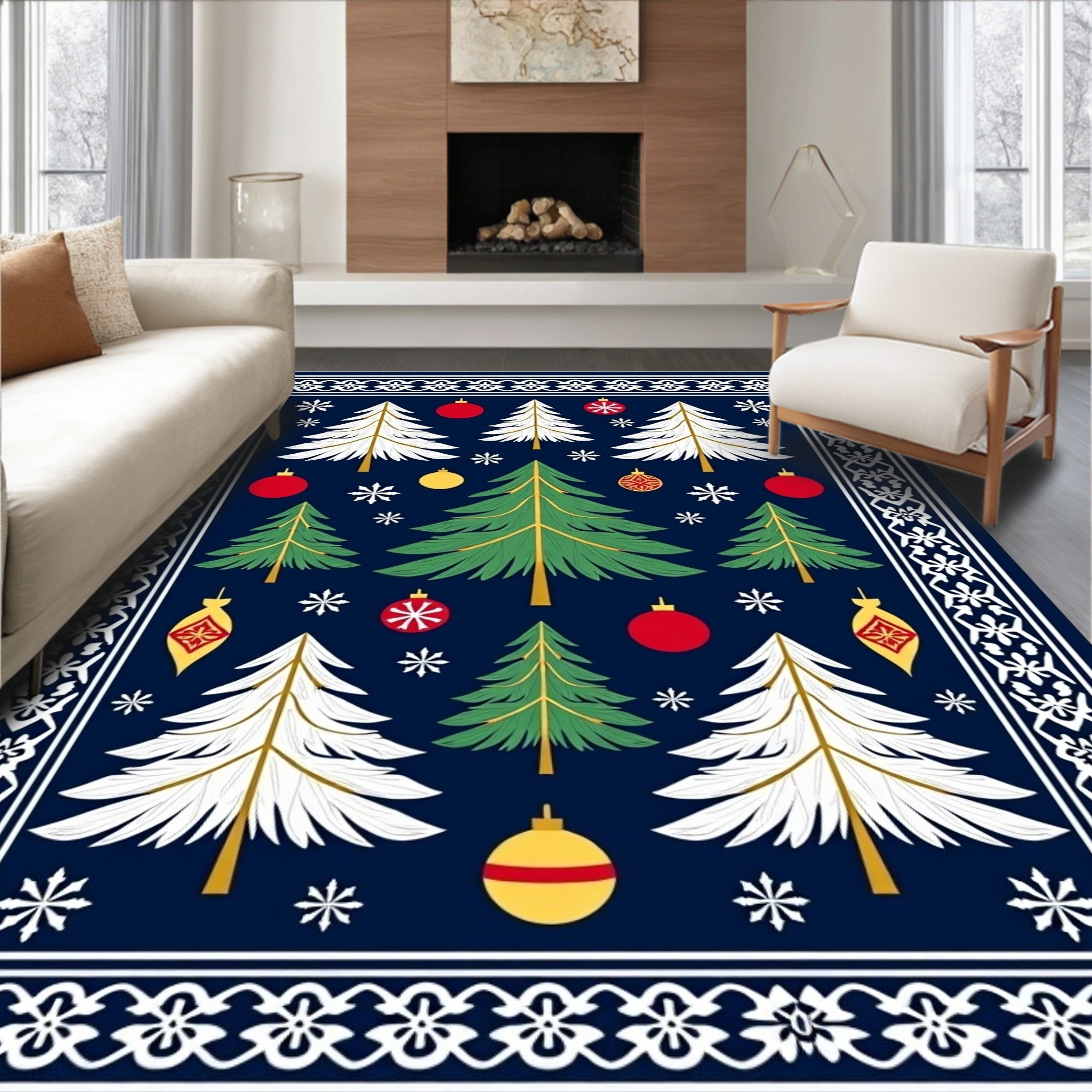 Festive Blue Christmas Tree Ornaments Rug