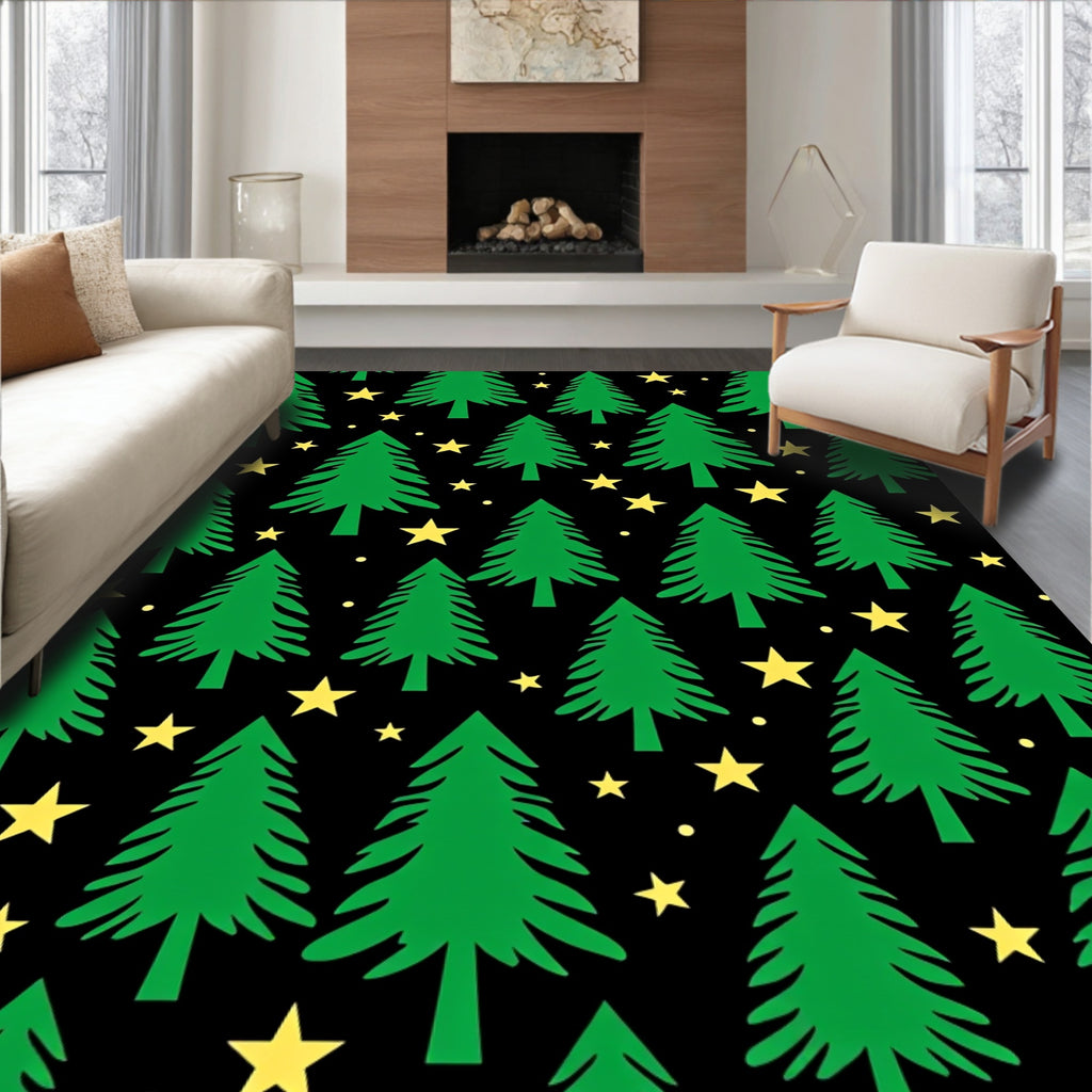 Green Christmas Trees Yellow Stars Rug