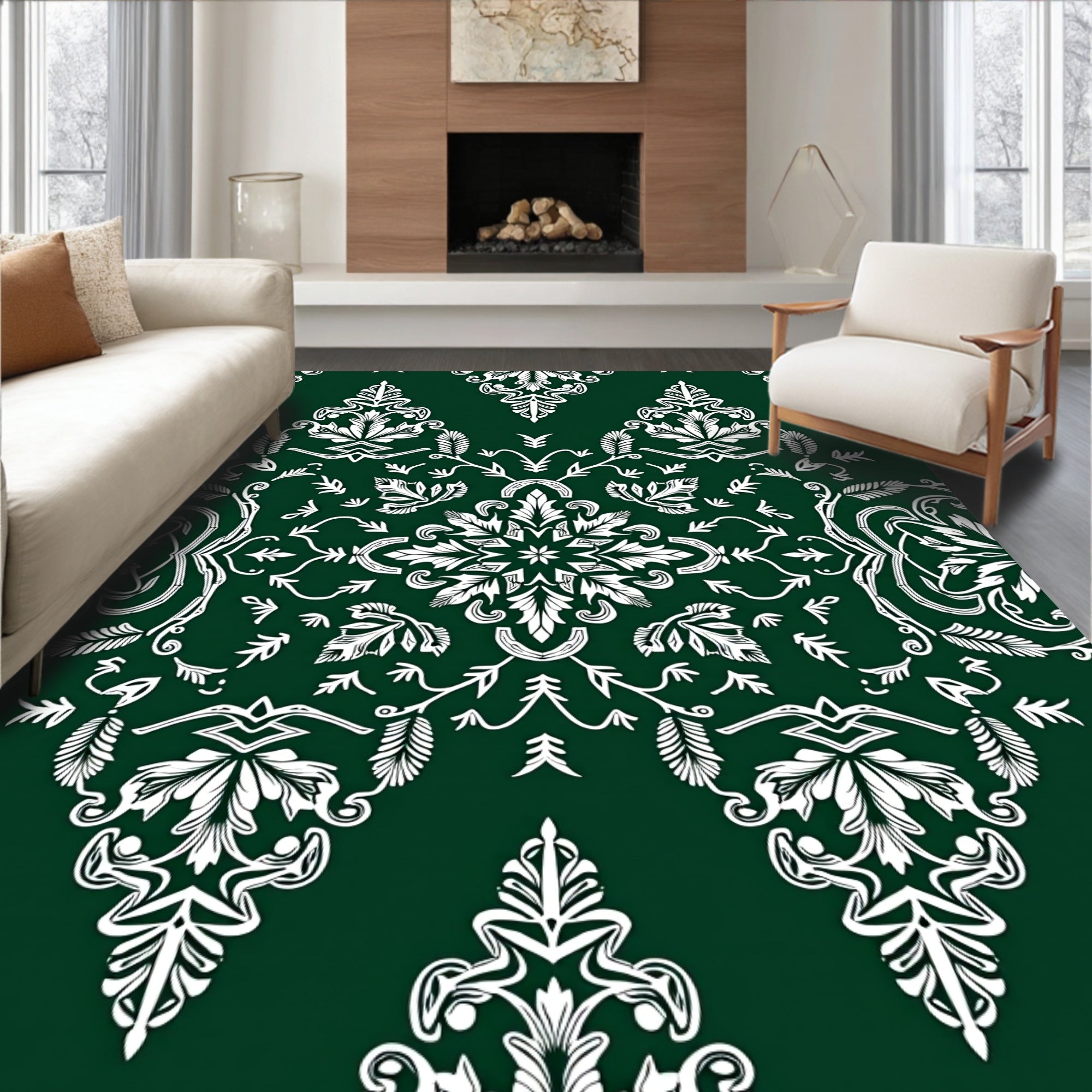 Elegant White Damask Emerald Swirl Rug