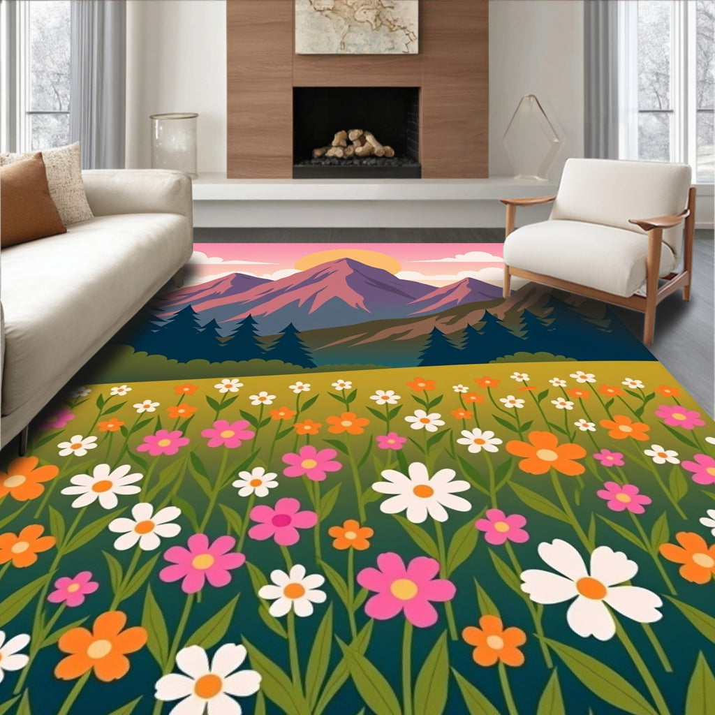 Vibrant Floral Meadow Mountain Sunset Rug