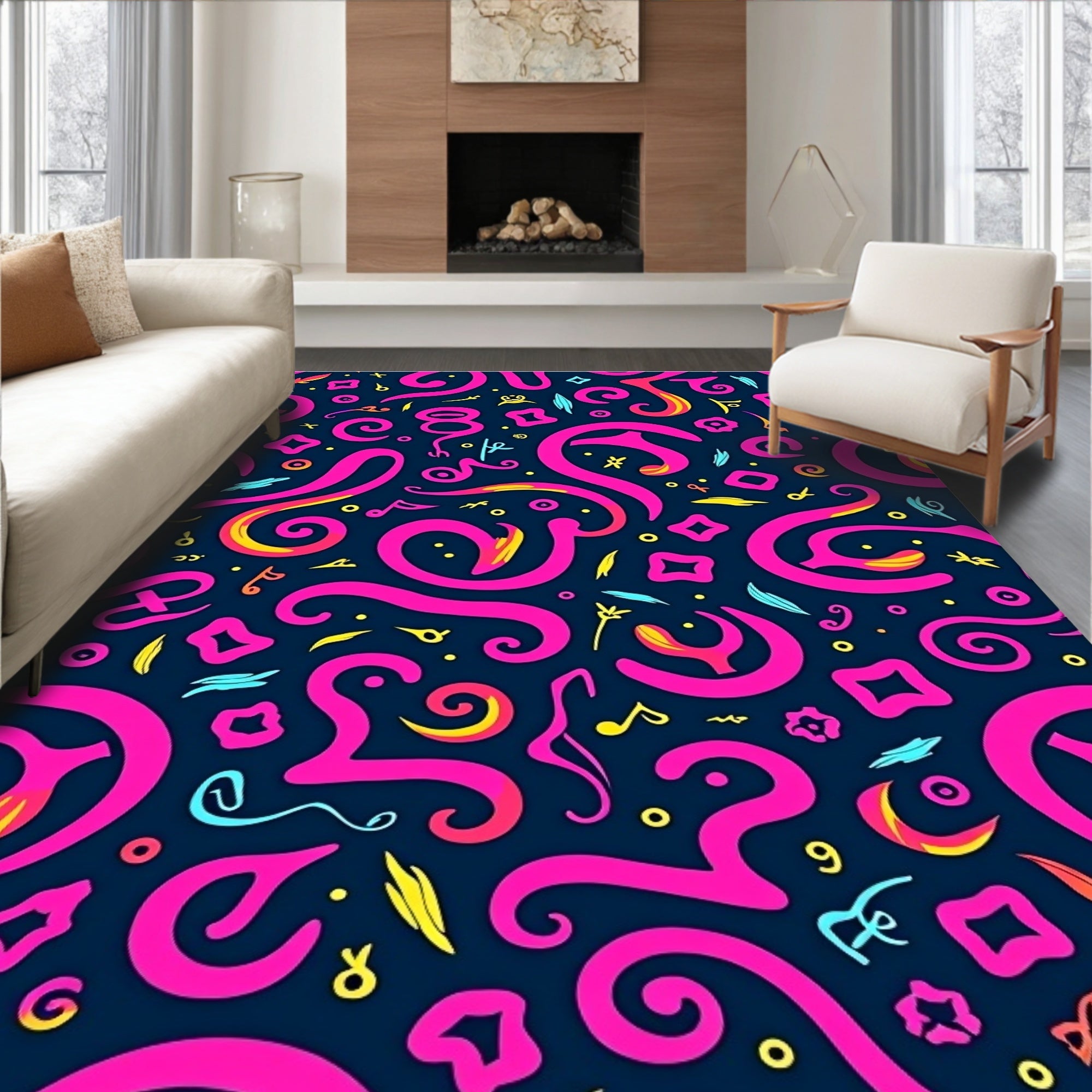 Abstract Pink Swirls Yellow Accents Rug