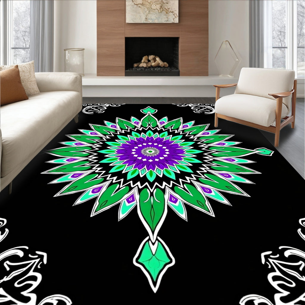 Radiant Purple Green Starburst Mandala Rug