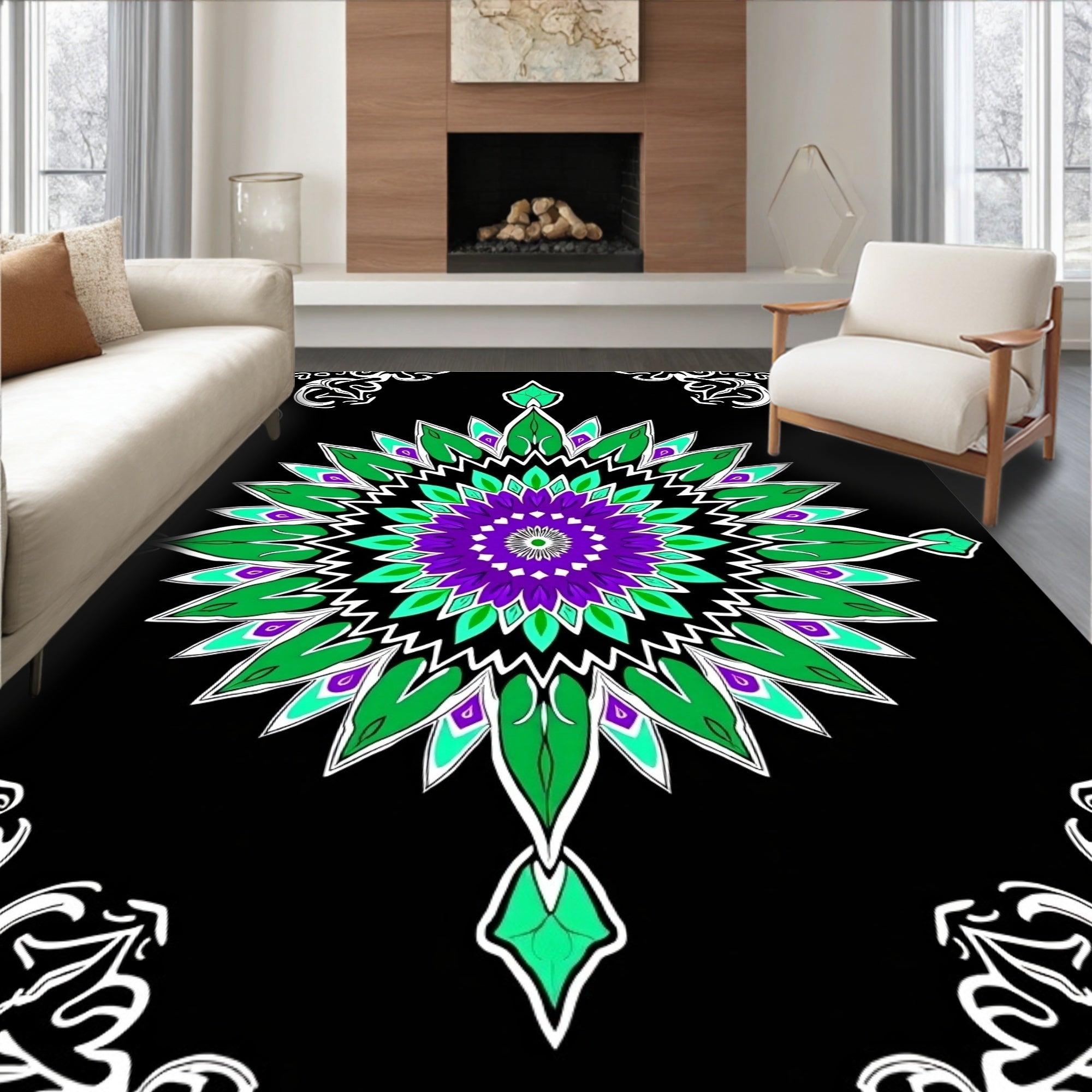 Radiant Purple Green Starburst Mandala Rug