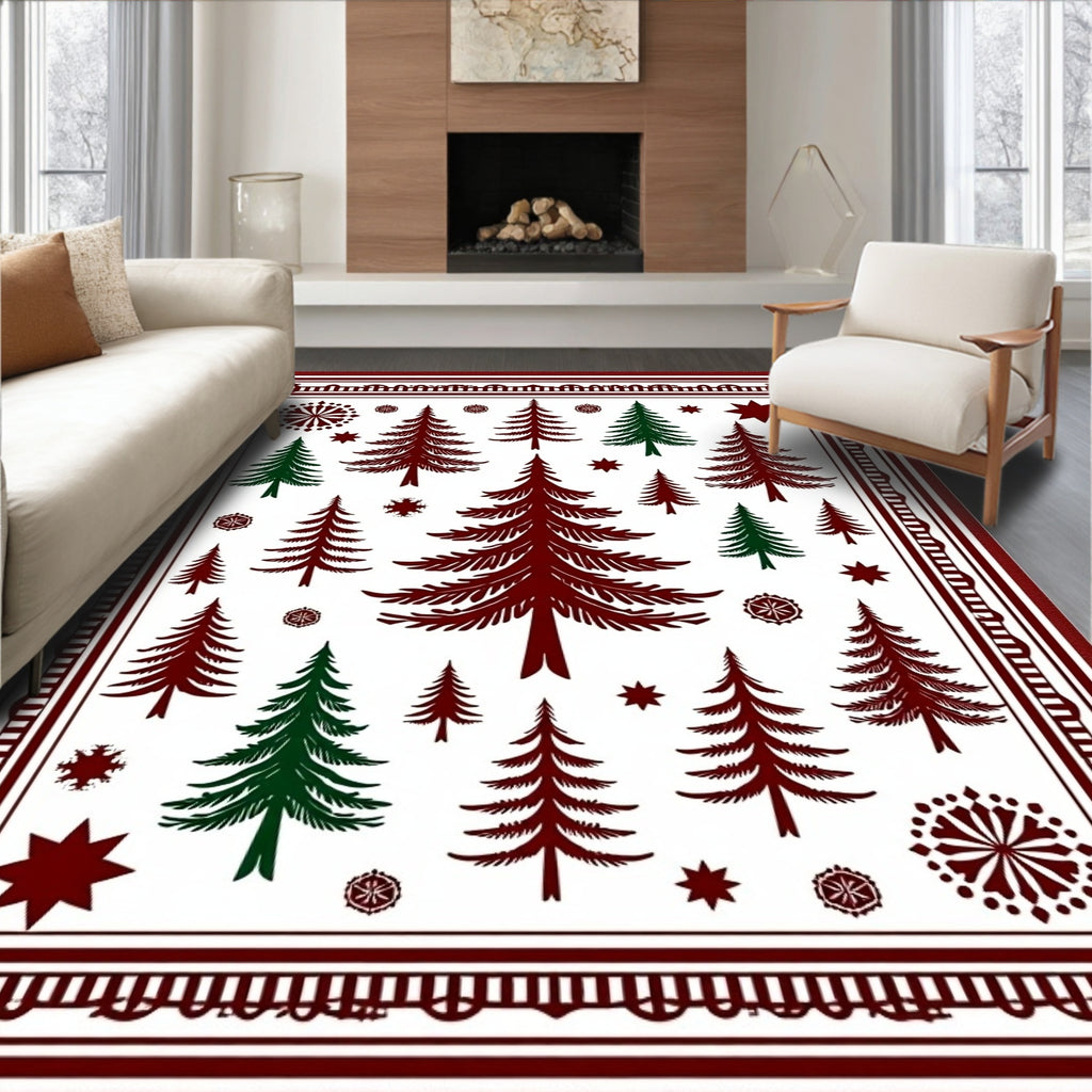 Deep Burgundy Green Forest Trees Rug