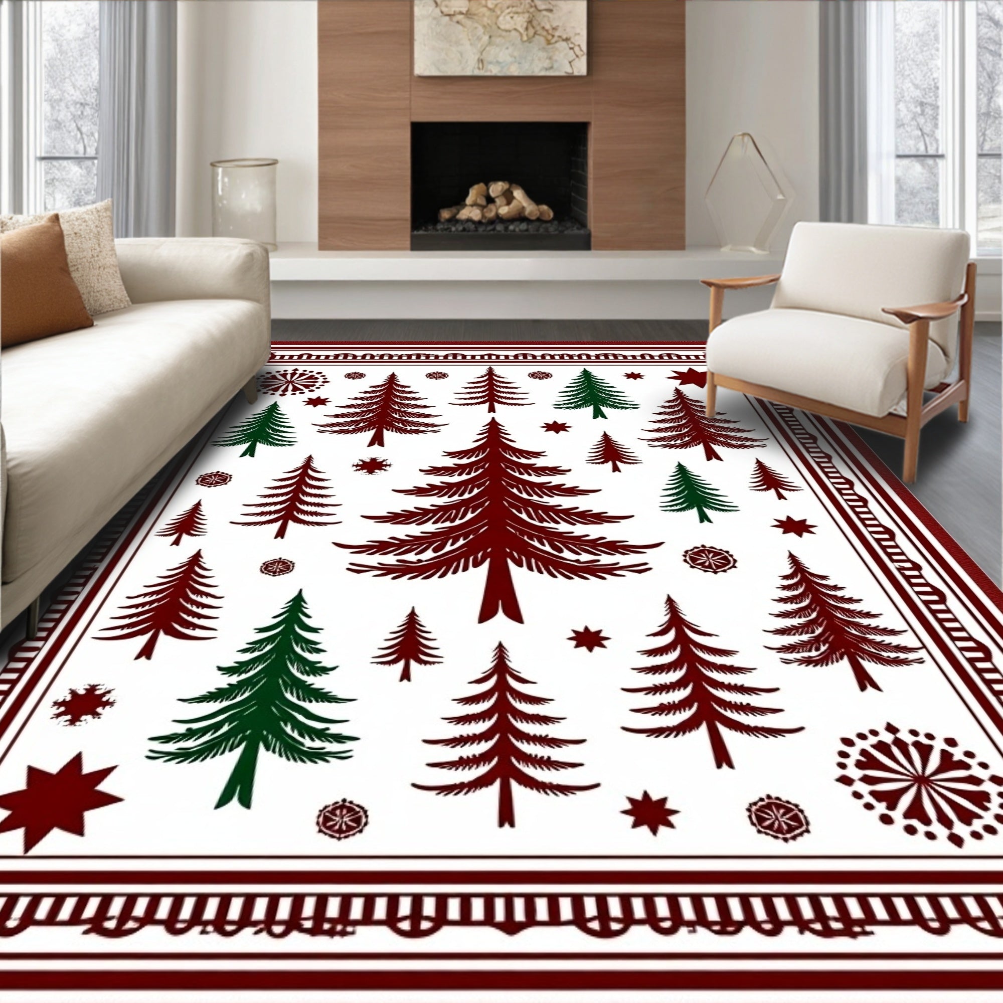 Deep Burgundy Green Forest Trees Rug