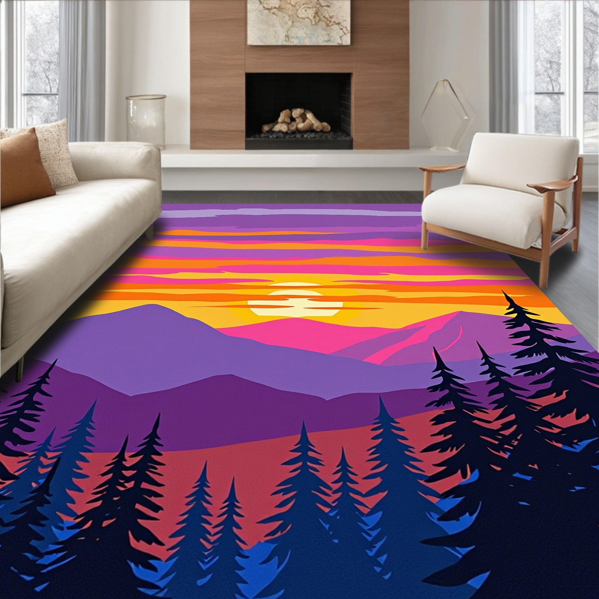 Vibrant Purple Pink Sunset Mountains Trees Rug