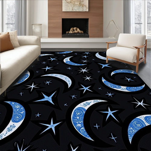 Blue Crescent Moon Stars Celestial Rug