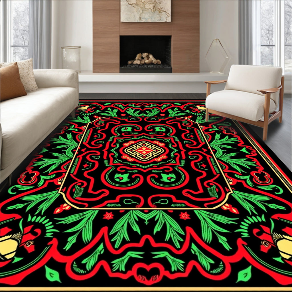 Bold Red Green Floral Medallion Rug