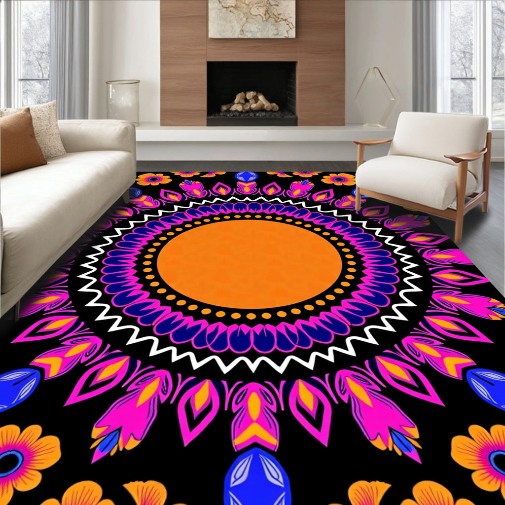 Vibrant Teal Orange Floral Mandala Rug