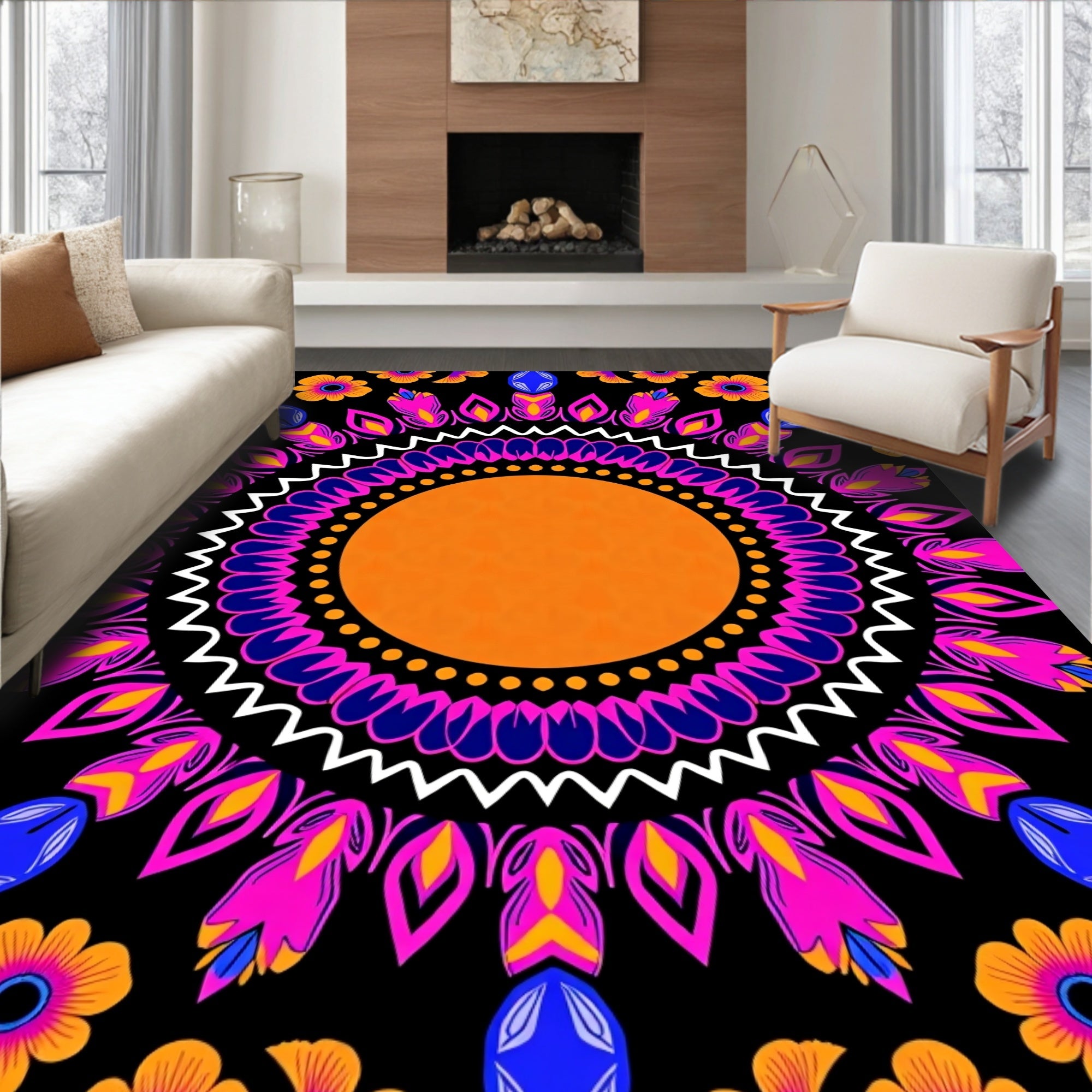 Vibrant Teal Orange Floral Mandala Rug