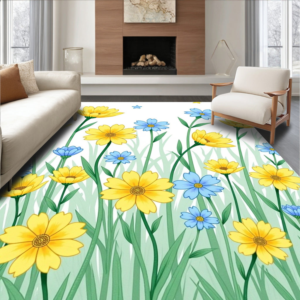 Yellow Blue Daisy Meadow Field Rug