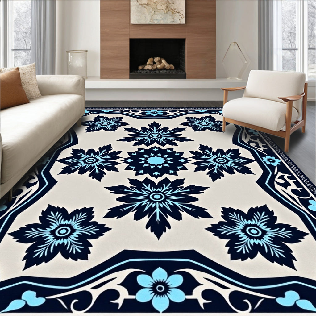 Dark Blue Floral Medallion Cream Rug