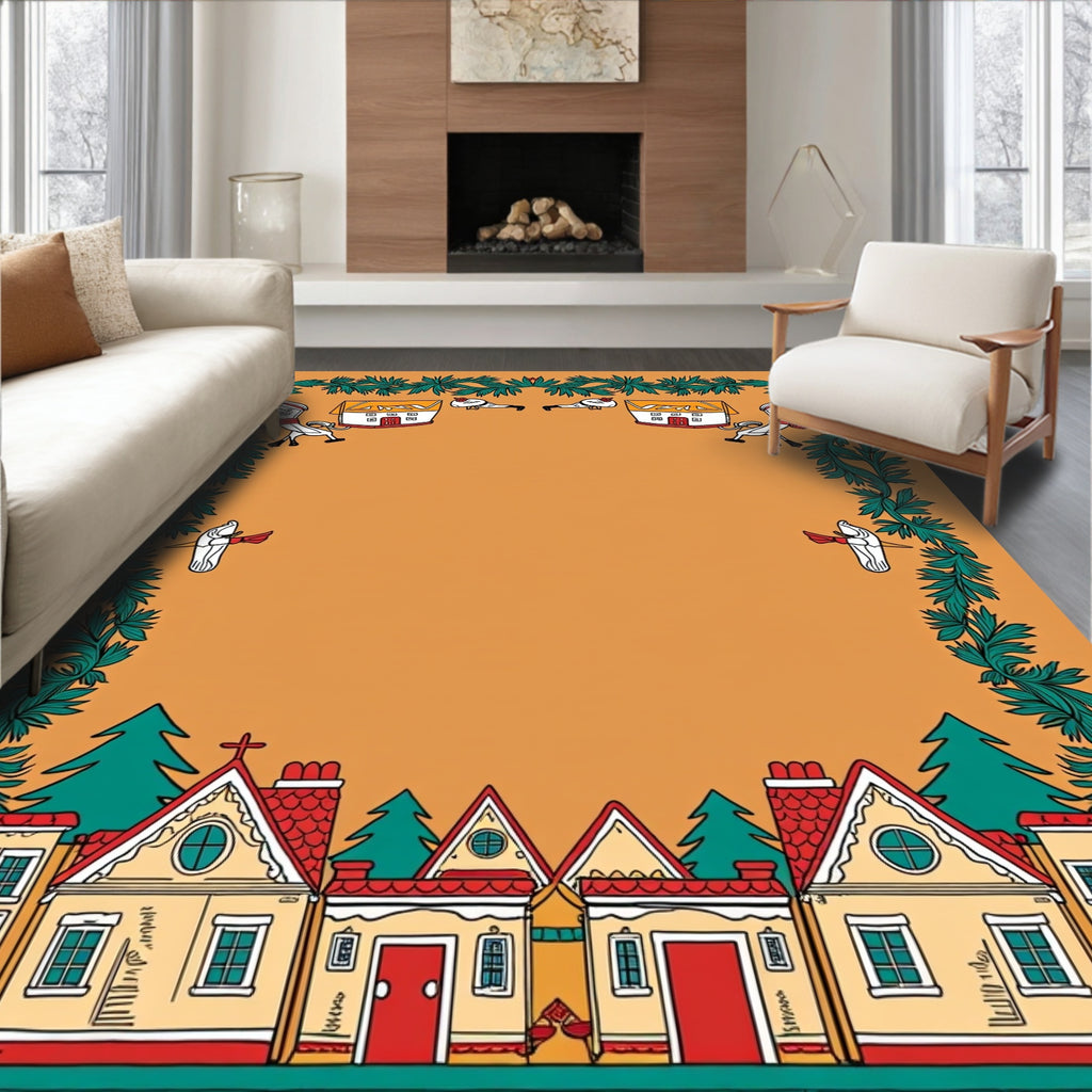 Whimsical Village Christmas Garland Scene Rug
