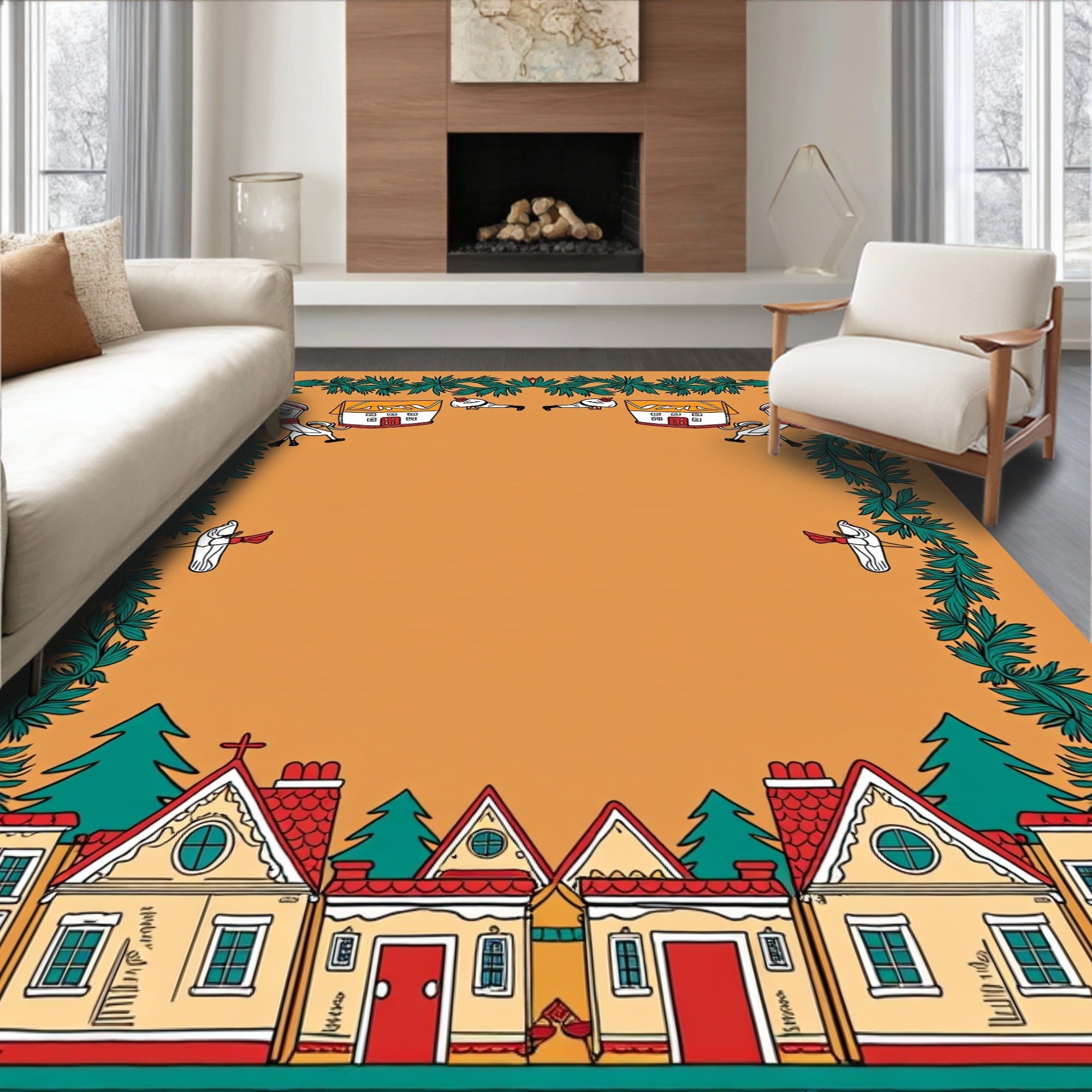 Whimsical Village Christmas Garland Scene Rug