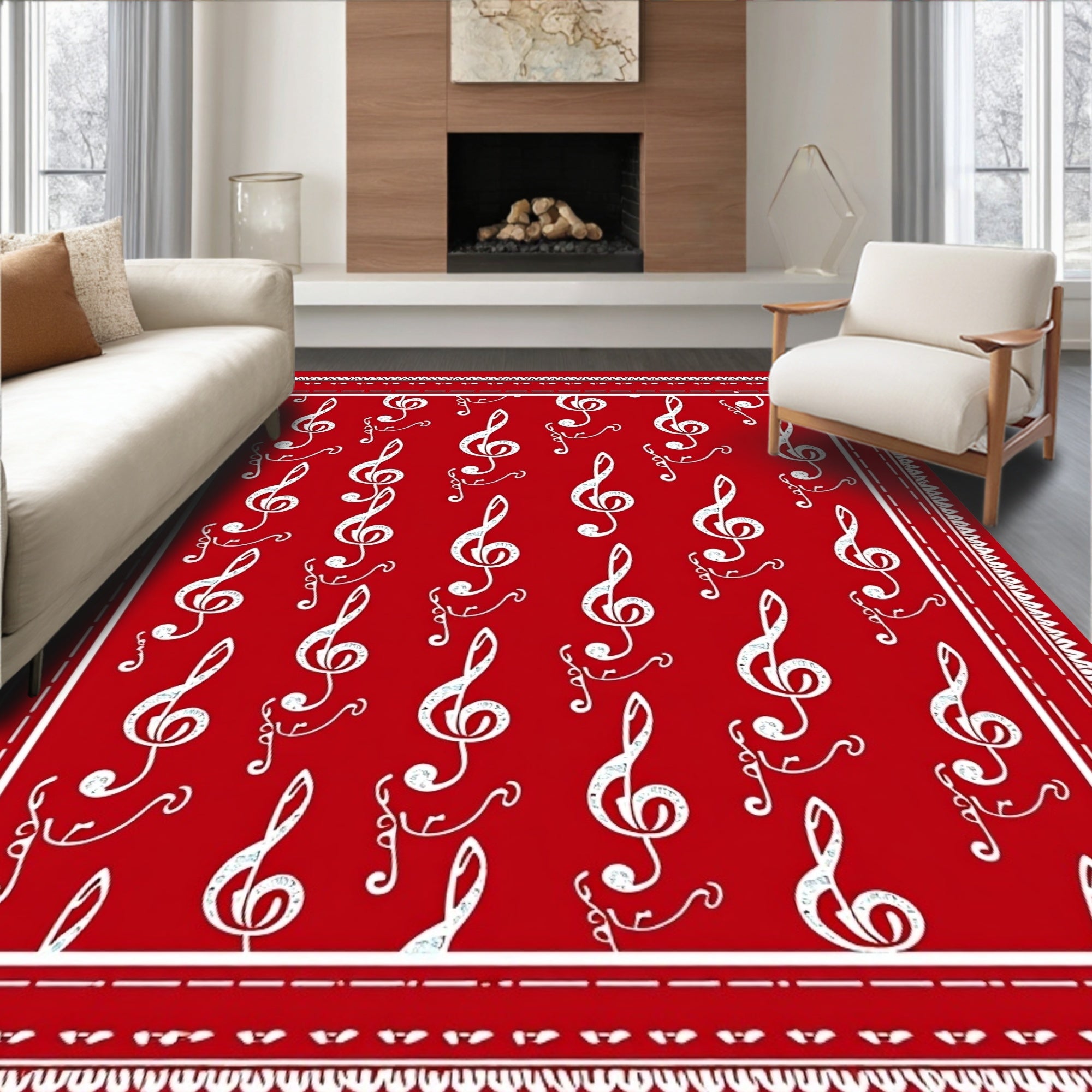 Crimson Treble Clef Notes Rug