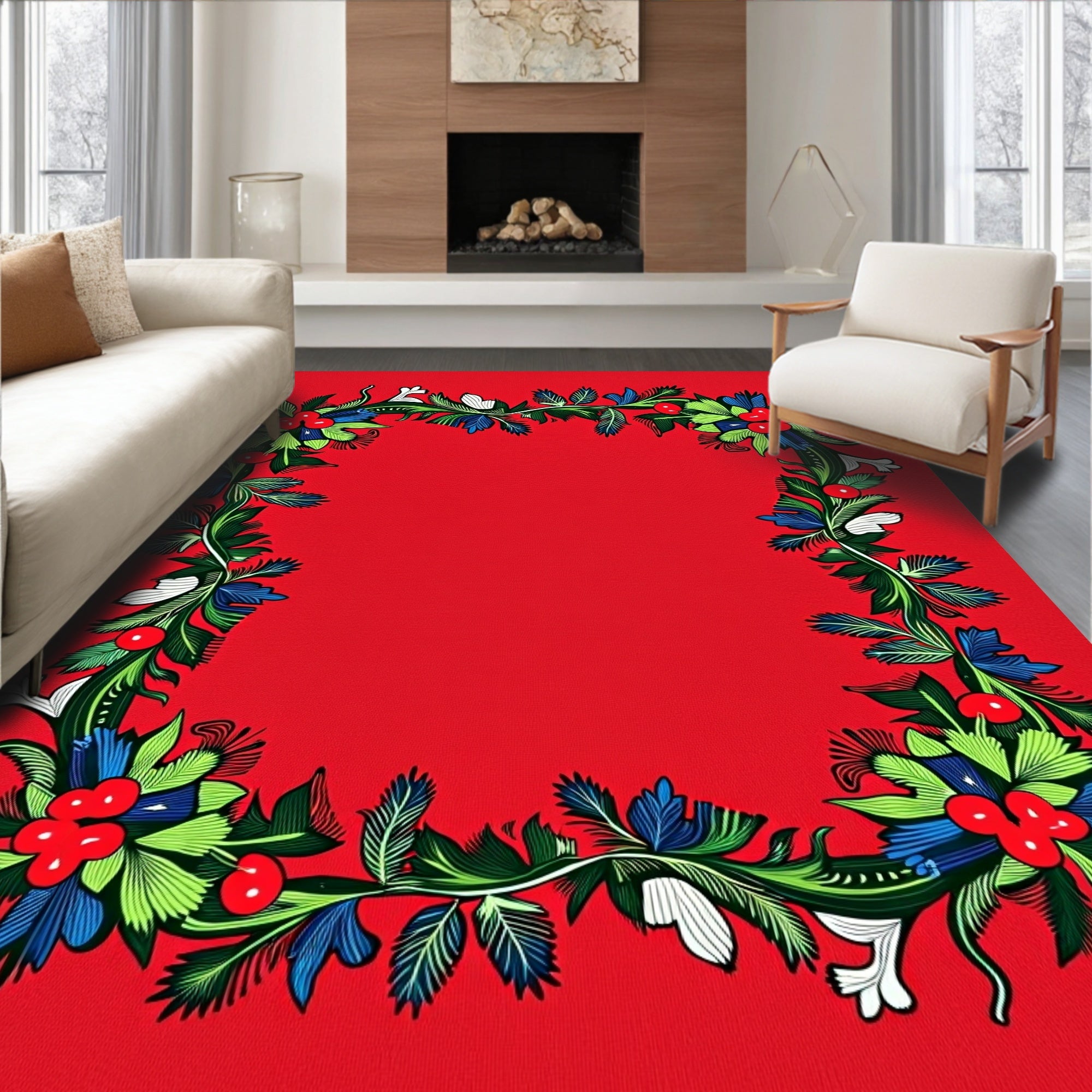 Crimson Red Botanical Wreath Rug