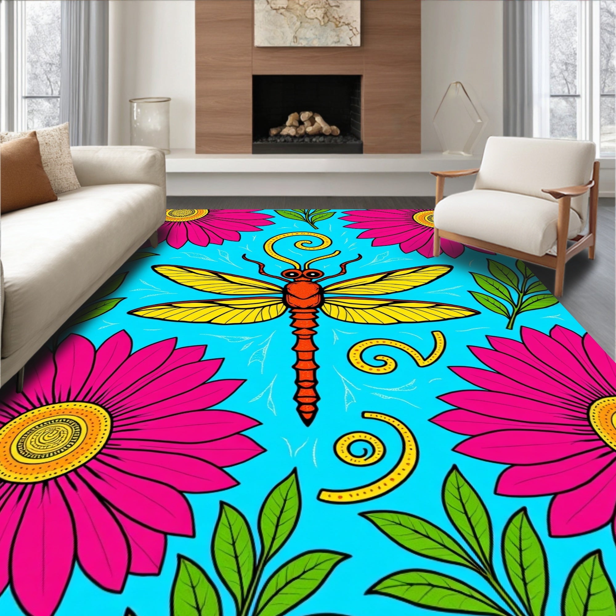 Vibrant Pink Daisy Dragonfly Garden Rug