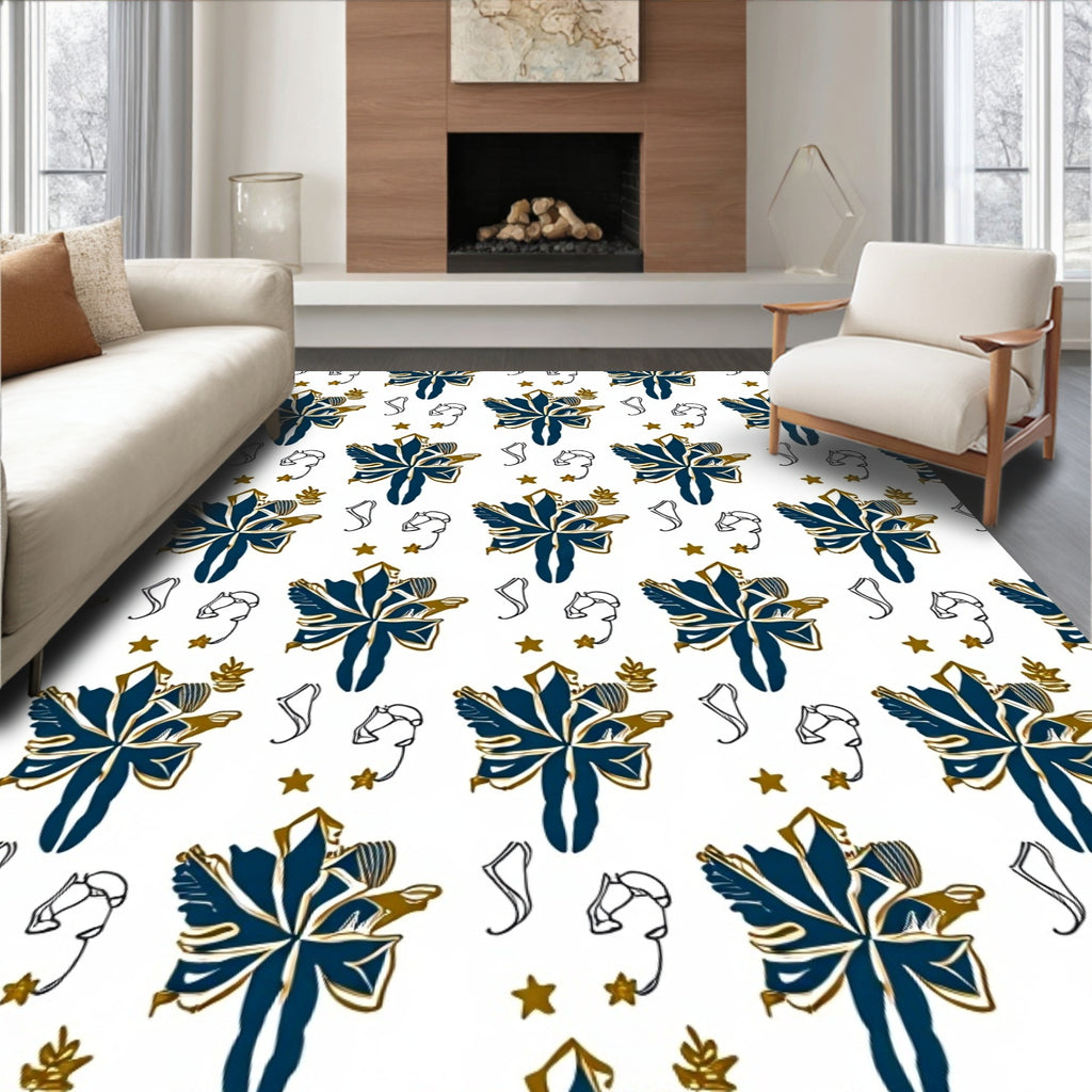 Deep Blue Gold Abstract Flower Stars Rug