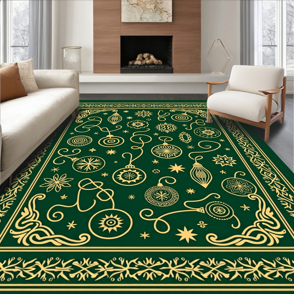 Gold Ornaments on Emerald Green Background Rug
