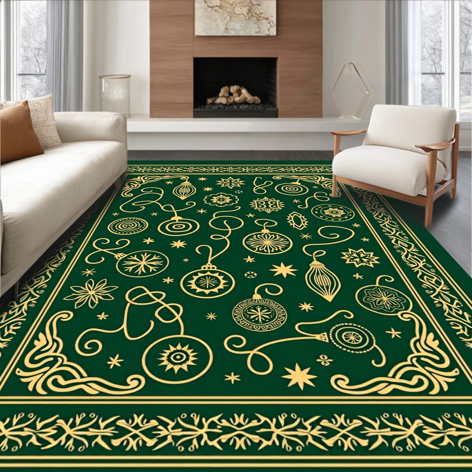 Gold Ornaments on Emerald Green Background Rug