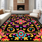 Vibrant Floral Frame Black Rug