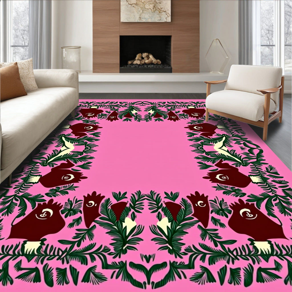 Dark Pink Green Floral Creature Border Rug