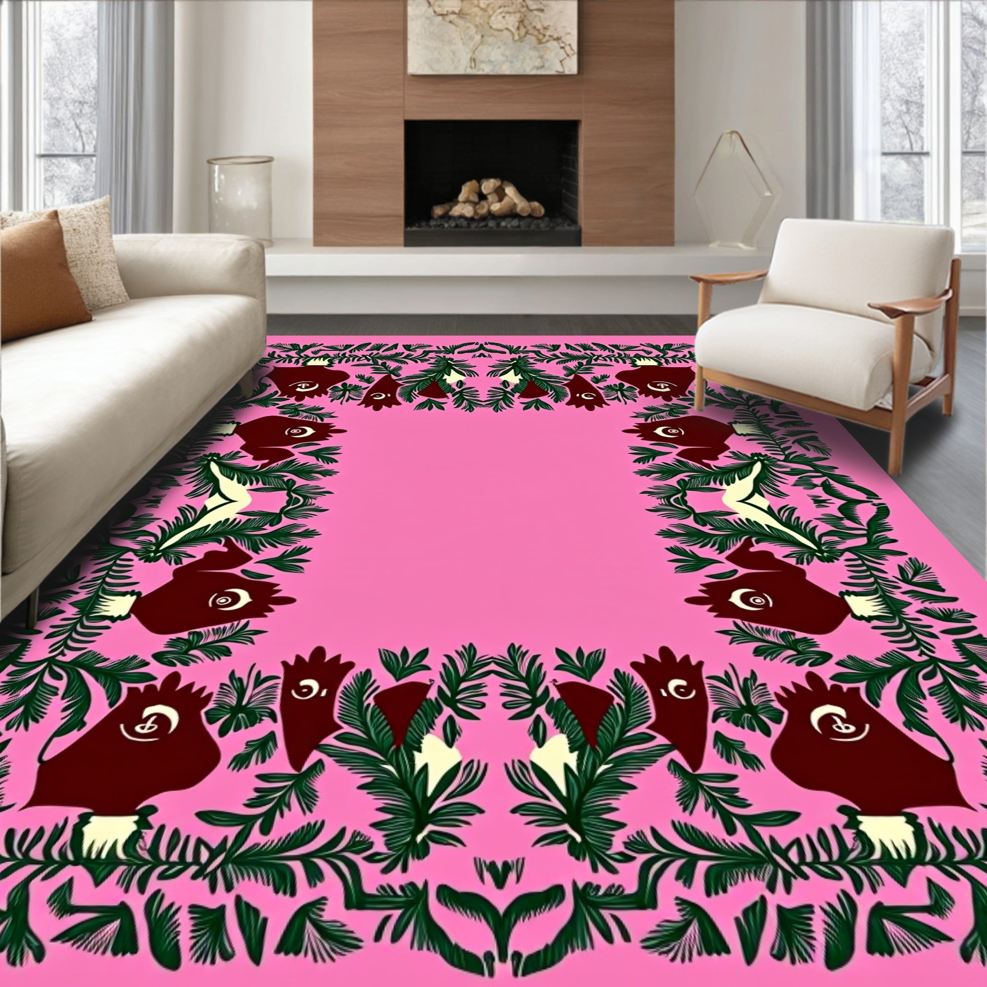 Dark Pink Green Floral Creature Border Rug