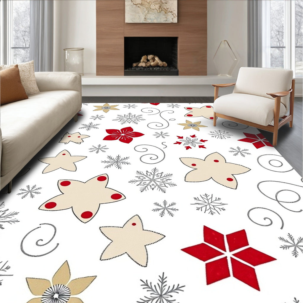Red Gold Beige Star Snowflake Swirls Rug
