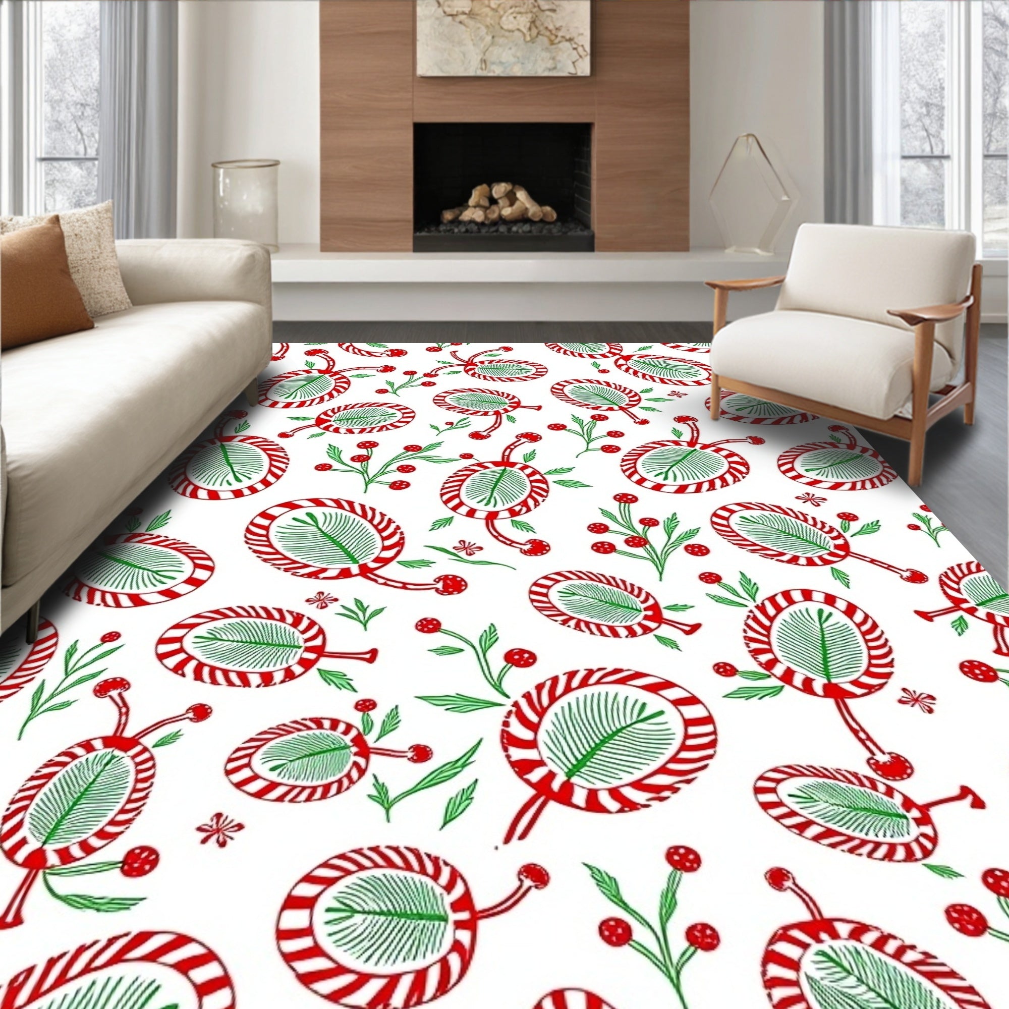 Whimsical Red Green Botanical Swirl Rug