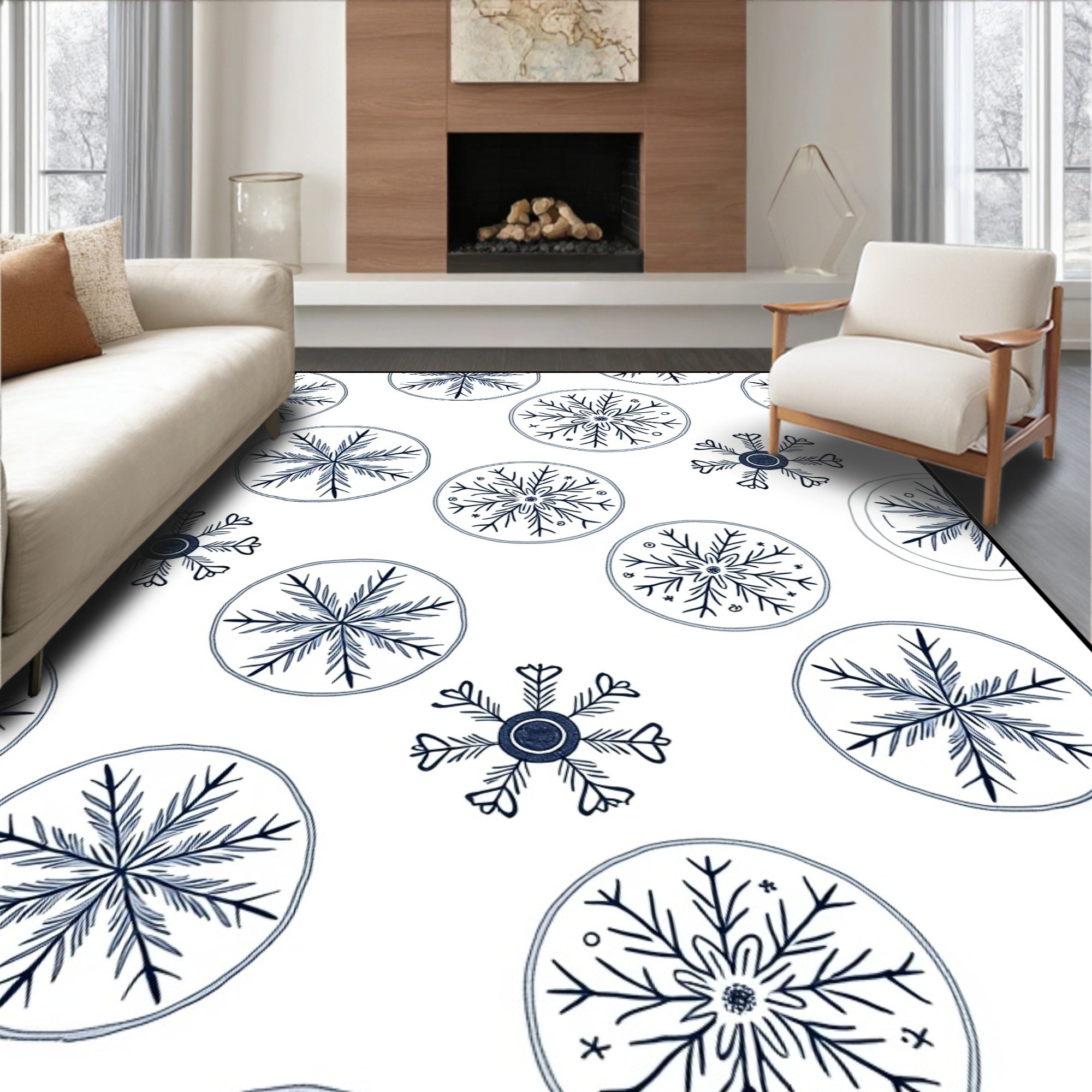 Charming Navy Snowflake Circles Rug