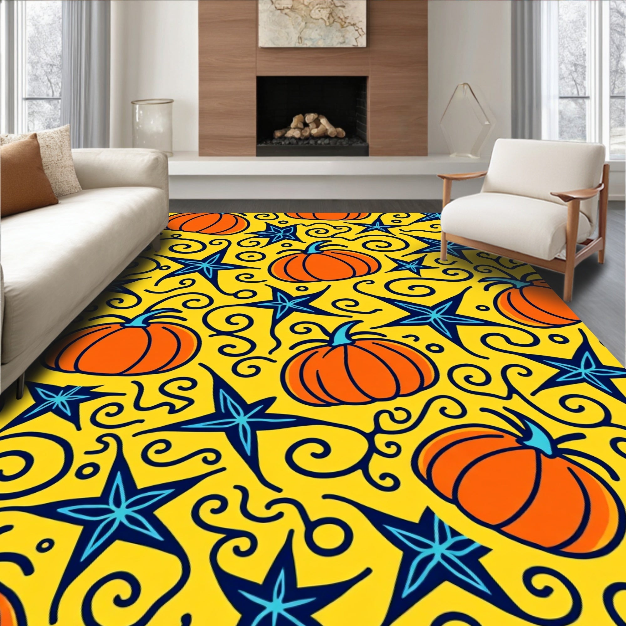 Bright Pumpkin Star Swirls Rug