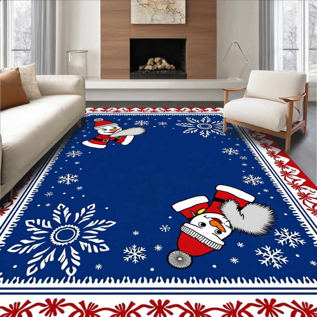 Whimsical Snowman Snowflake Red Border Rug