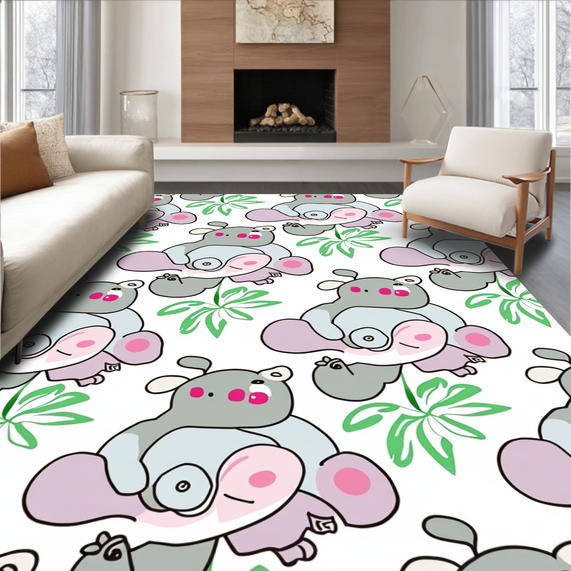 Cute Gray Hippo Tropical Leaves Rug