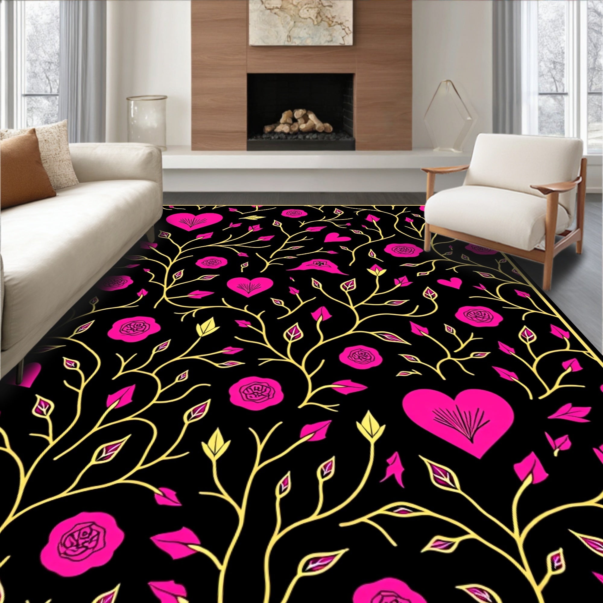 Hot Pink Heart Rose Vine Rug