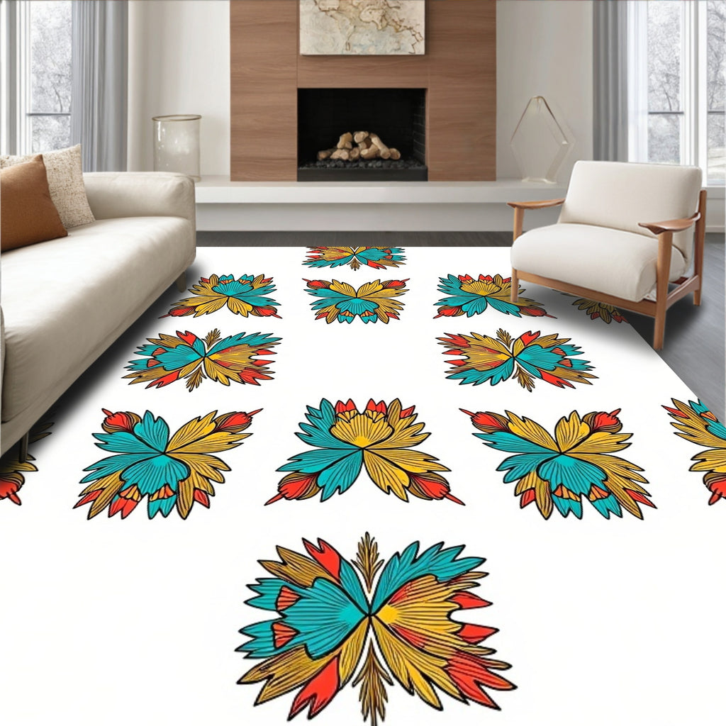 Vibrant Teal Gold Butterfly Motif Rug